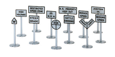 Twelve railroad yard signs