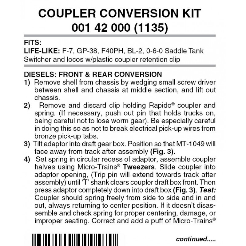 Coupler Conversion Kit for Life Like F-7, GP-38, BL-2 & 0-6-0