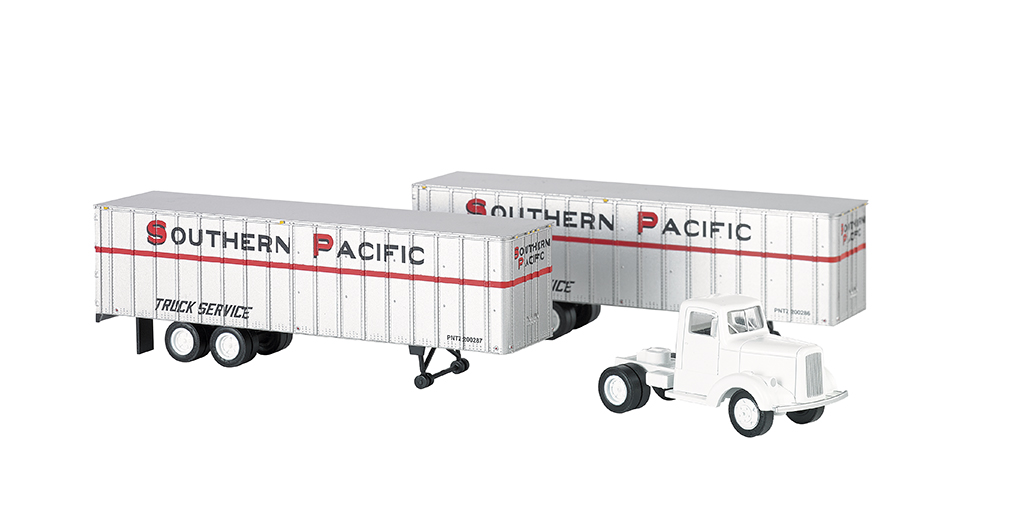 Southern Pacific white tractor with dual trailers