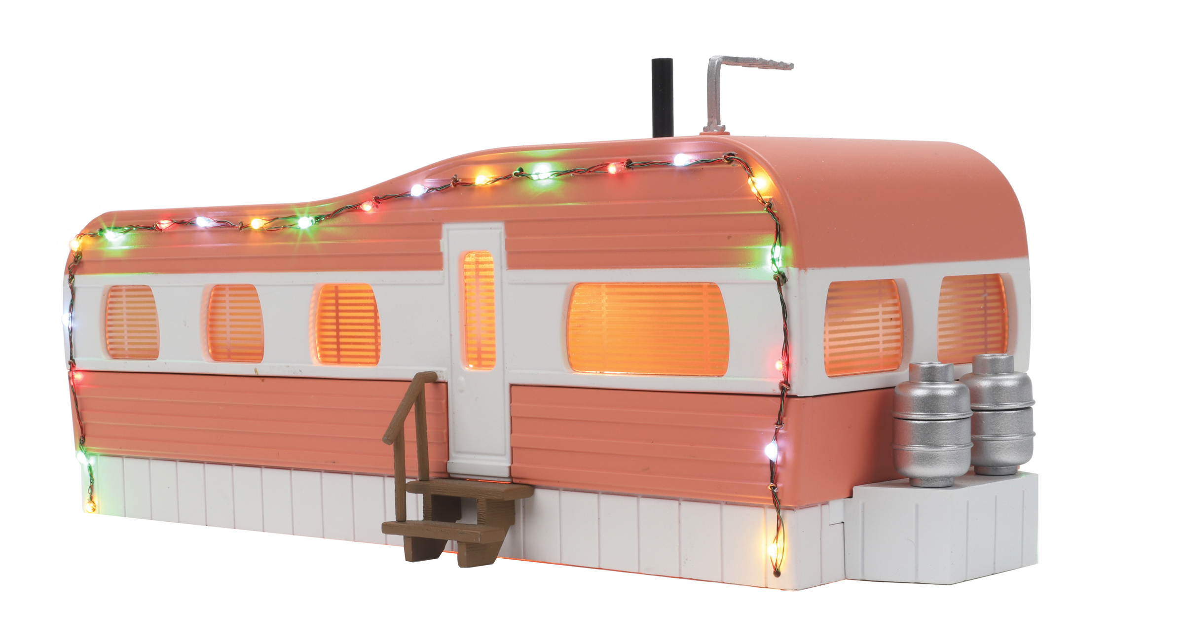 salmon & white stainless mobile home with LED Christmas lights
