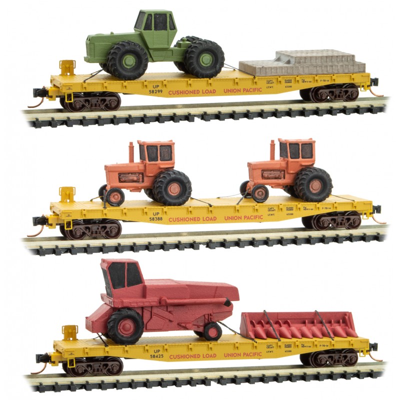 Union Pacific Three Flat Car Pack with Farming Equipment