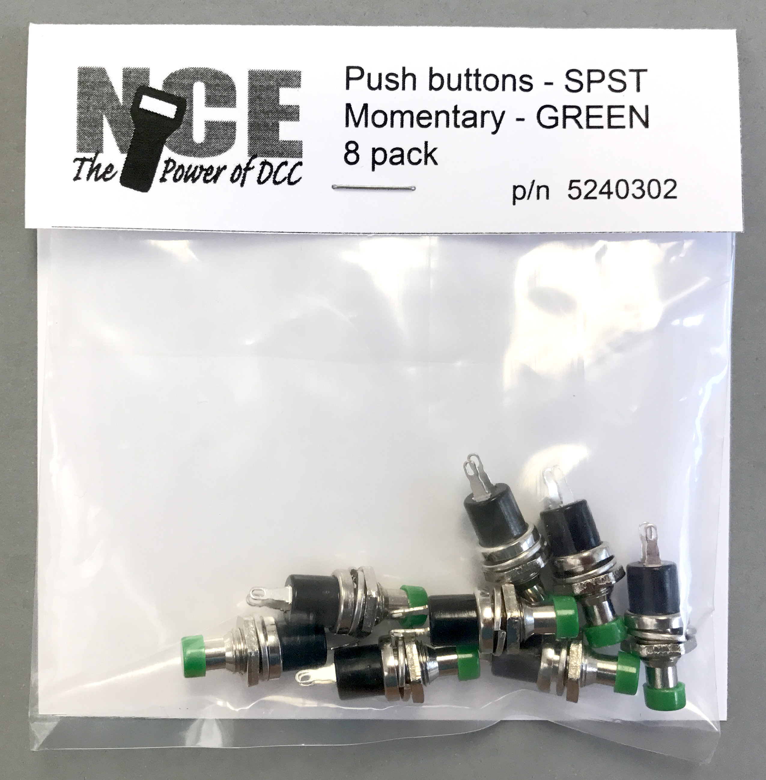 SPST momentary normally open pushbutton - green 8-pack
