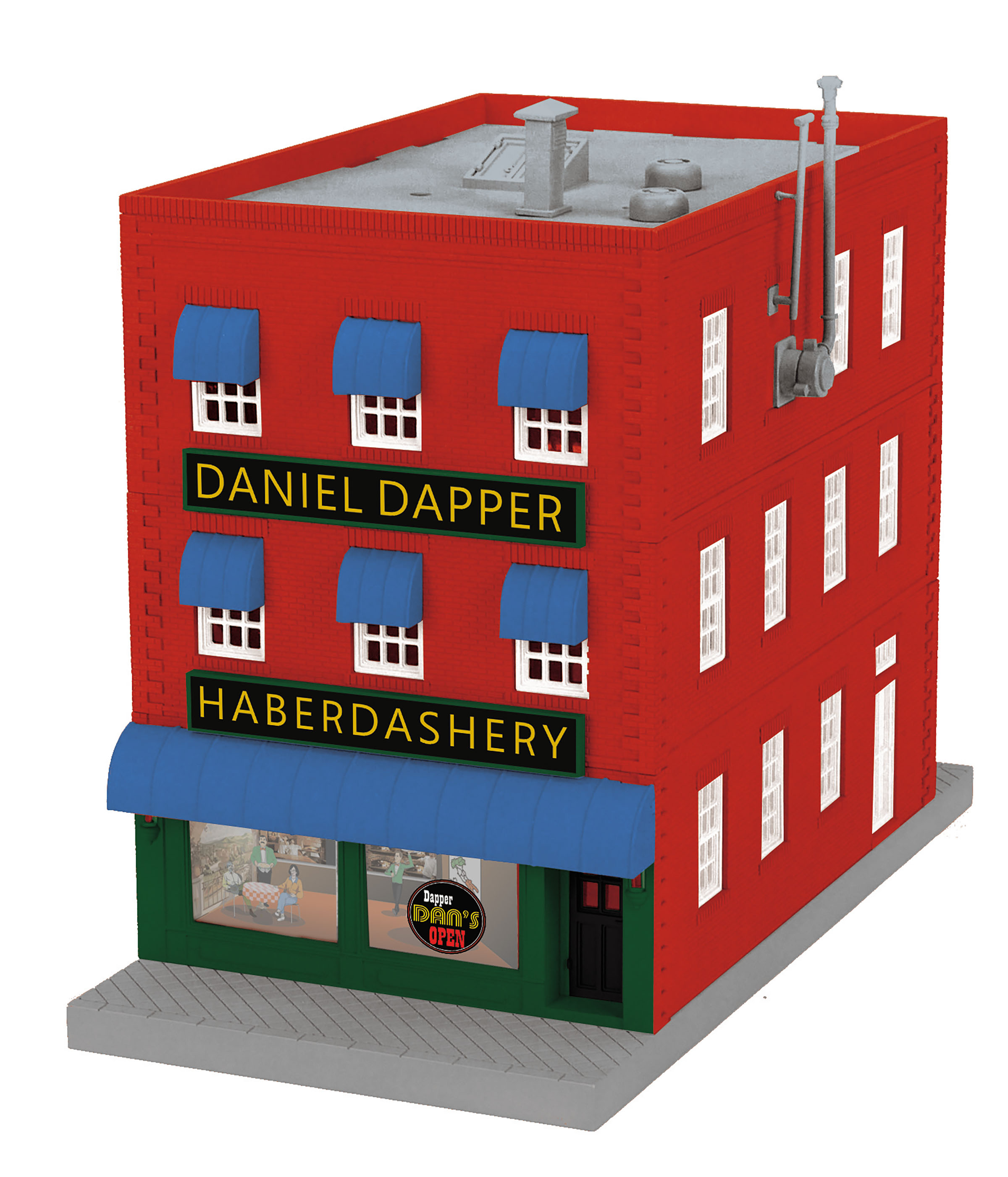 Dapper Dan’s Haberdashery 3-story city building w/ fire escape & sign