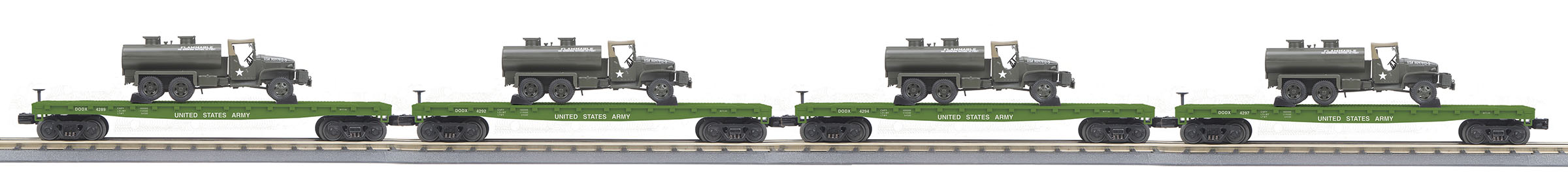 U.S. Army flatcar with 6x6 tank truck 4-pack