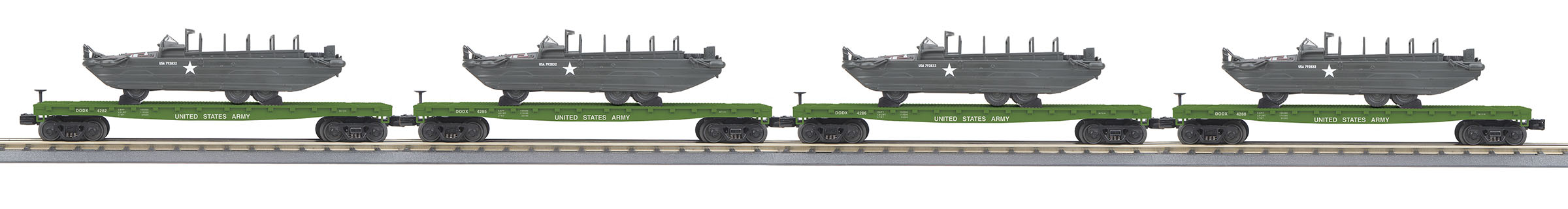 U.S. Army flatcar with GMC DUKW 353 4-pack