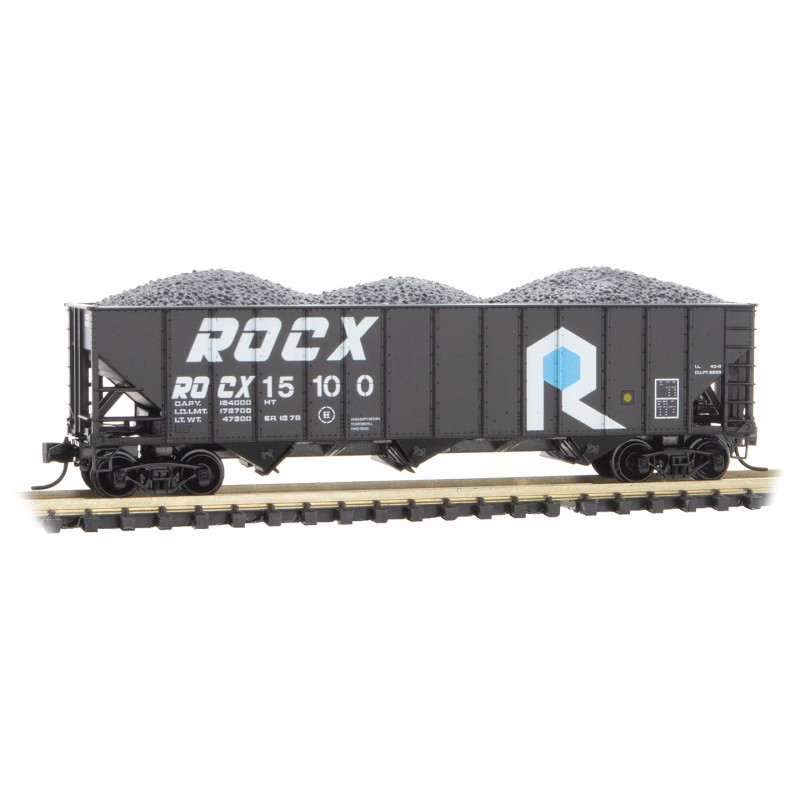 Rock Island 100-Ton 3-Bay Open Hopper, Rib Sides with Coal Load #15100