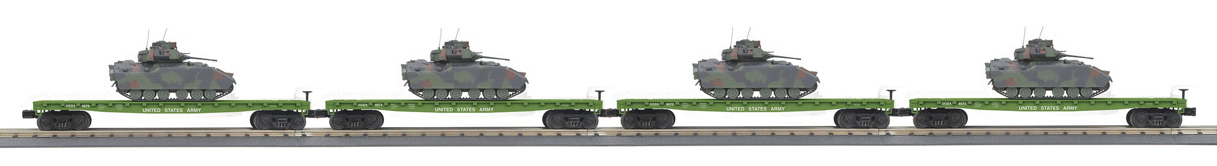 U.S. Army flatcar with Bradley fighting vehicle 4-pack