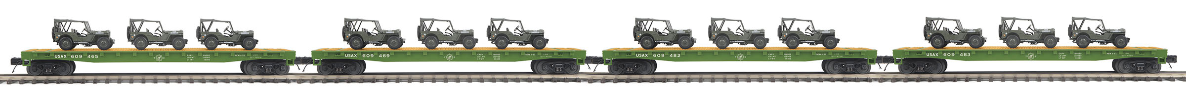 U.S. Army flatcar with three military transport vehicles 4-pack #1