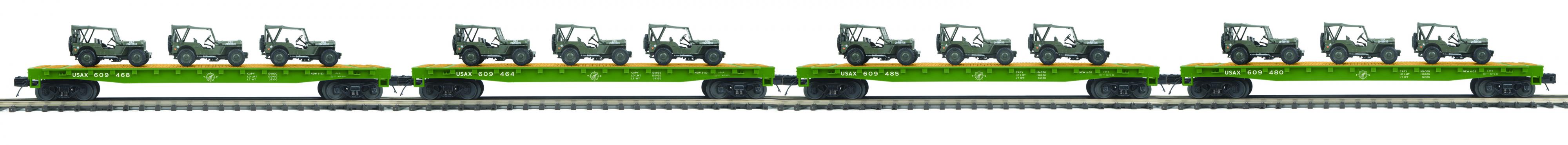 U.S. Army flatcar with three military transport vehicles 4-pack #2