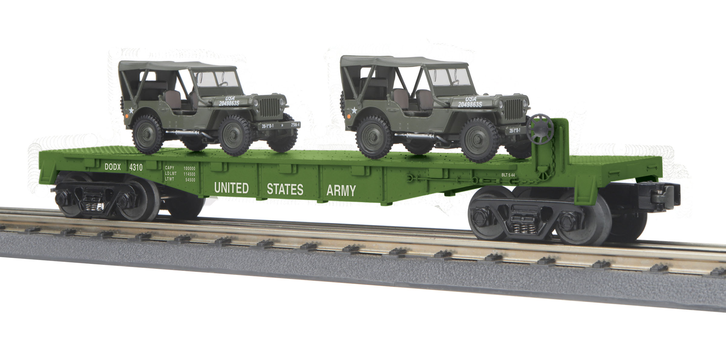 U.S. Army flatcar #4310 with two personnel vehicles