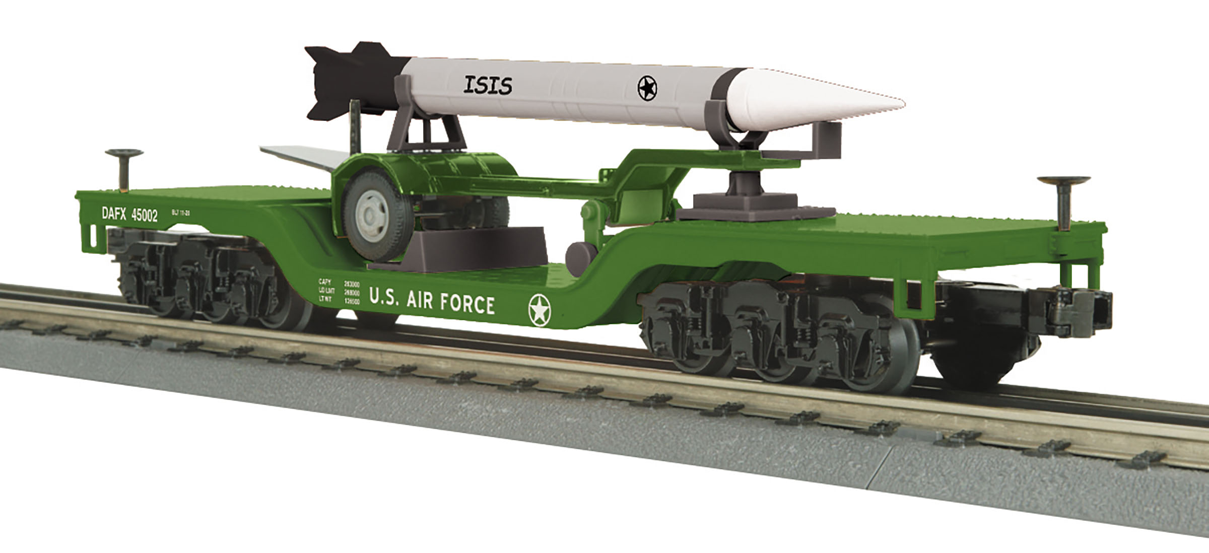 U.S. Air Force depressed center flatcar #45002 with rocket load