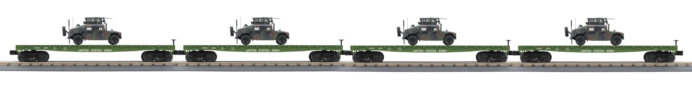 U.S. Army flatcar with camouflage Humvee vehicle 4-pack