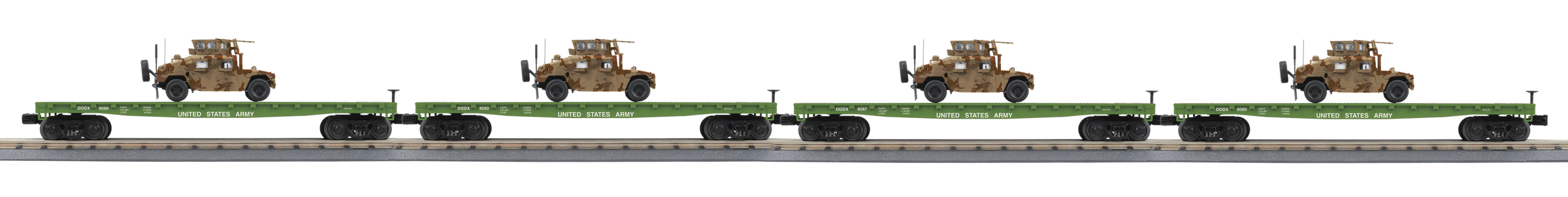 U.S. Army flatcar with desert Humvee vehicle 4-pack