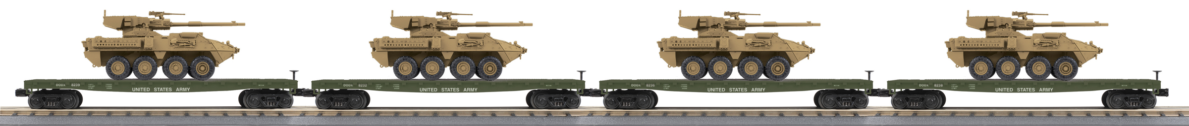 U.S. Army flatcar with tan Stryker vehicle 4-pack