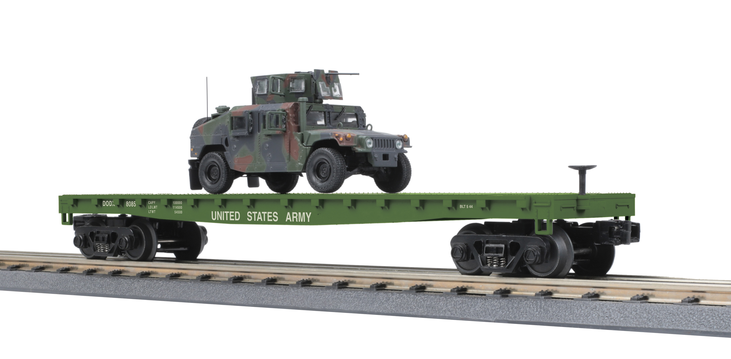 U.S. Army flatcar #8085 with camouflage Humvee vehicle