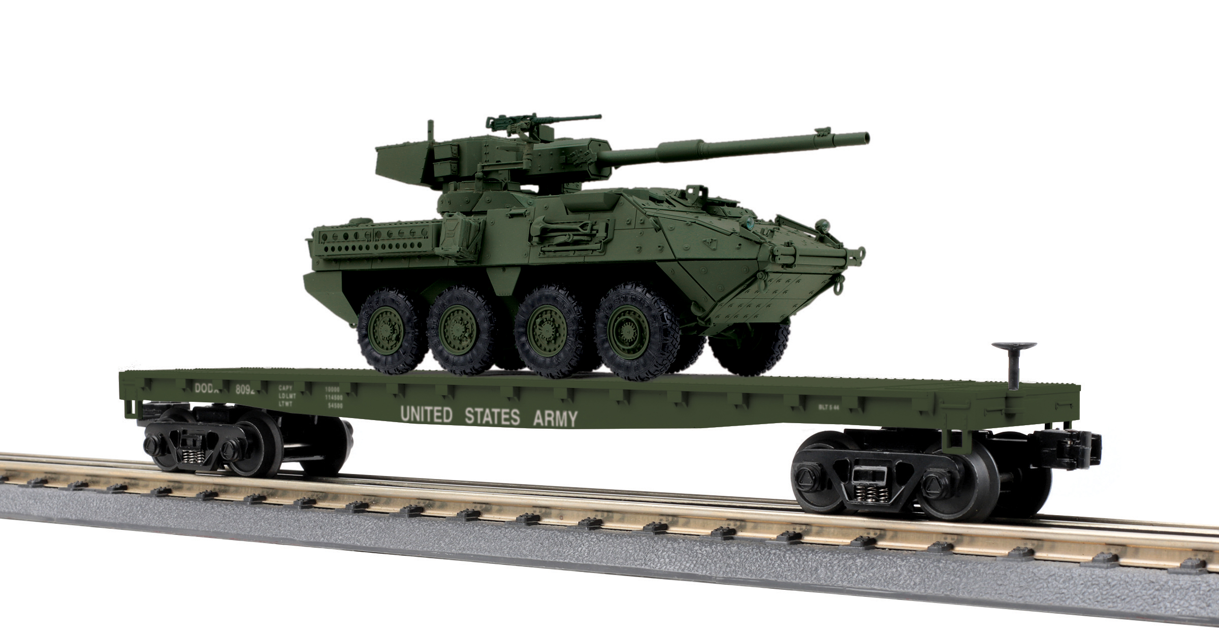 U.S. Army flatcar #8092 with green Stryker vehicle