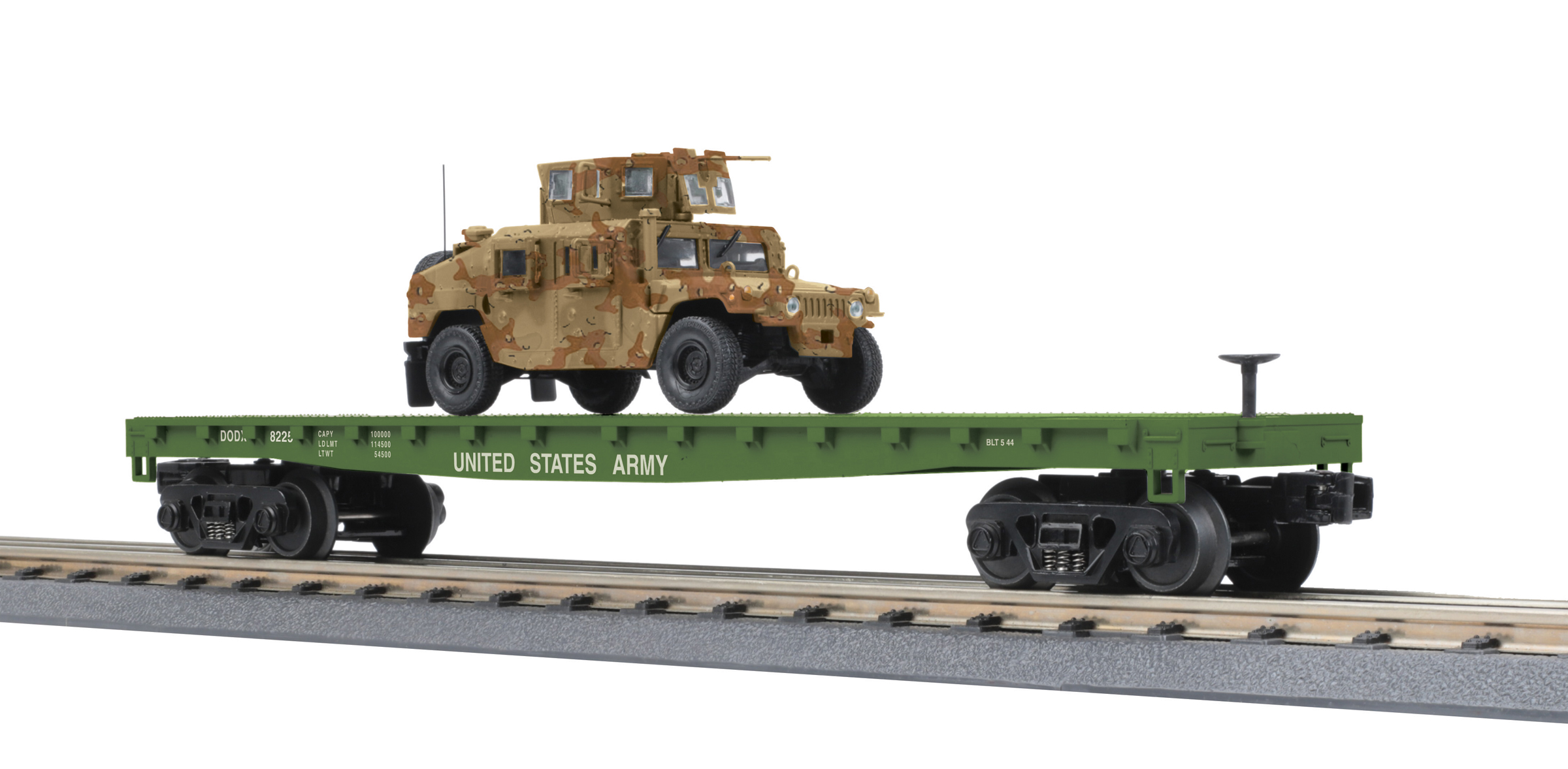 U.S. Army flatcar #8225 with desert Humvee vehicle