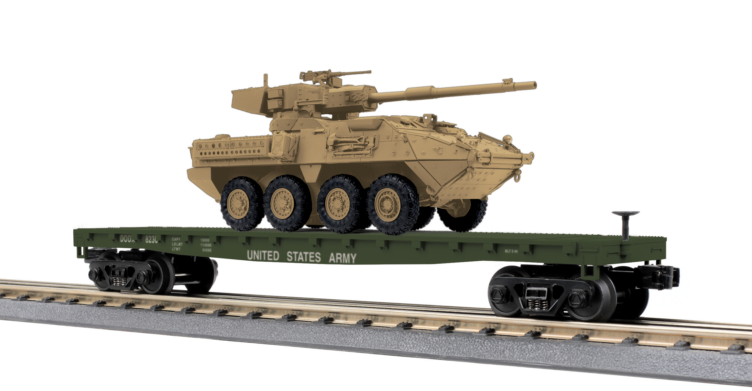 U.S. Army flatcar #8092 with tan Stryker vehicle