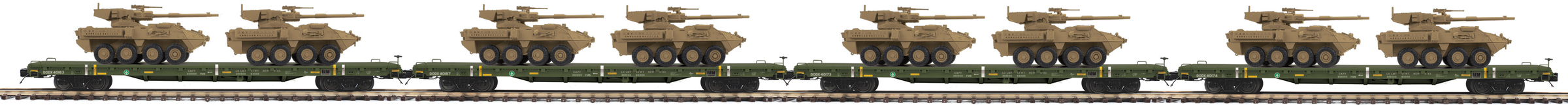 U.S. Army 60' flatcar with two desert Strykers 4-pack #2