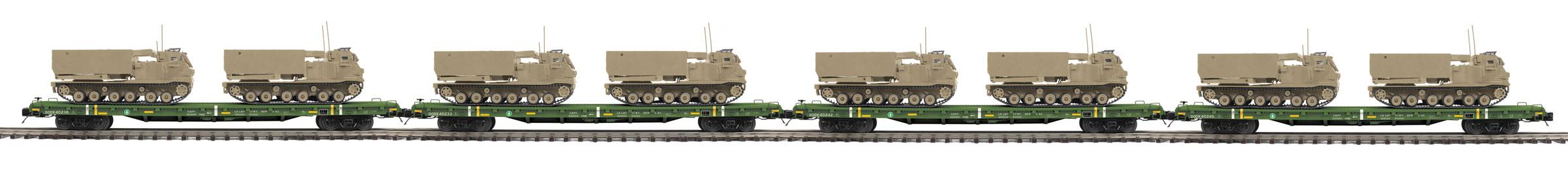U.S. Army 60' flatcar with tan M270 Rocket Launchers 4-pack #1