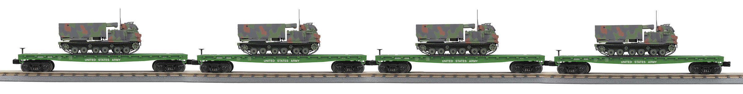U.S. Army flatcar with green M270 Rocket Launcher vehicle 4-pack