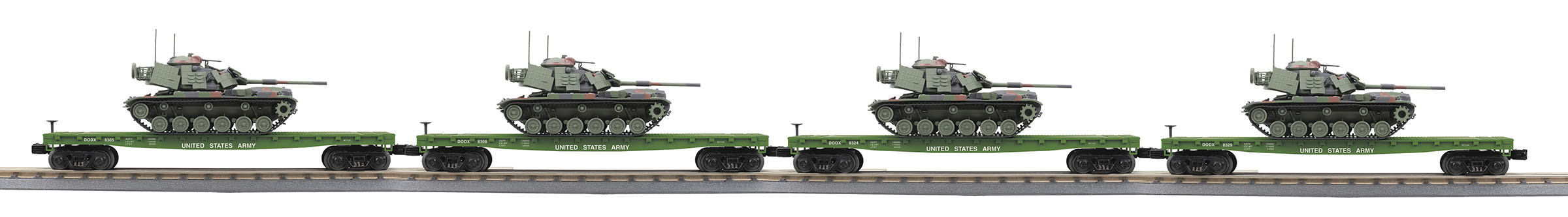 U.S. Army flatcar with green M60 Tank 4-pack
