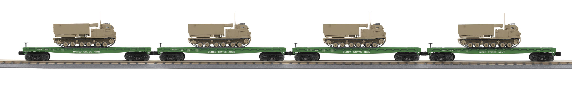 U.S. Army flatcar with tan M270 Rocket Launcher 4-pack