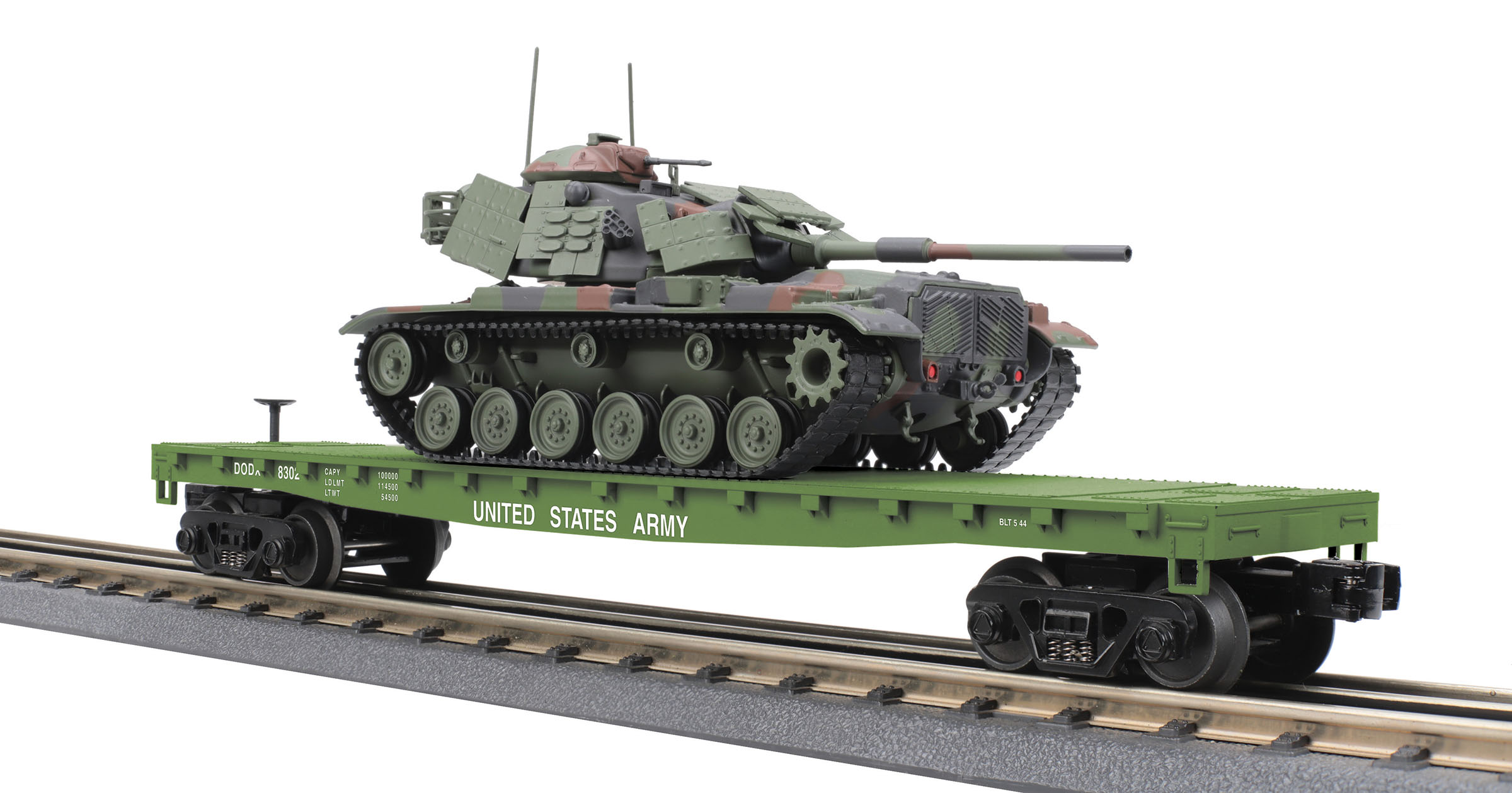 U.S. Army flatcar with green M60 Tank