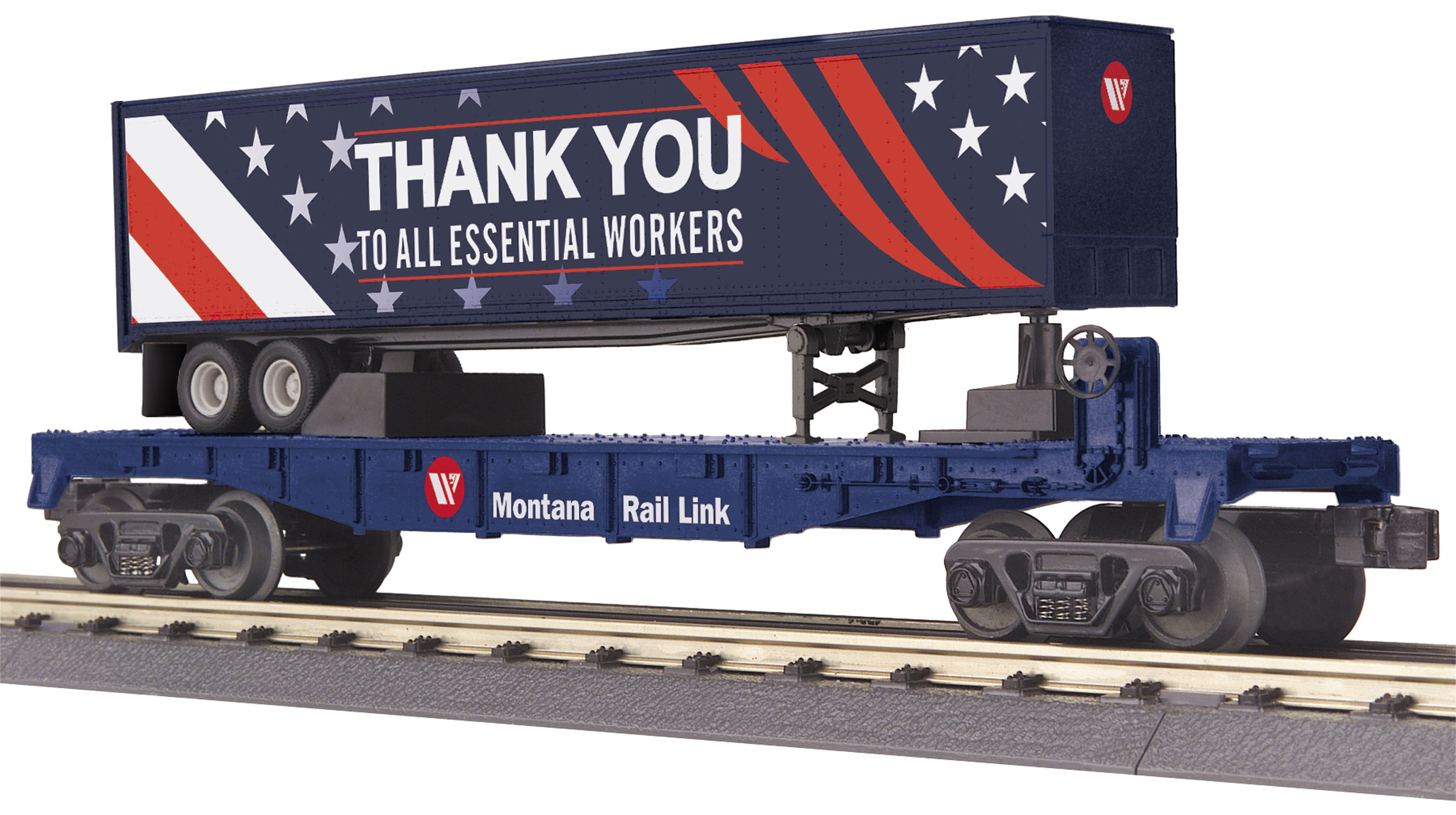 Montana Rail Link flatcar with 40' Essential Workers trailer