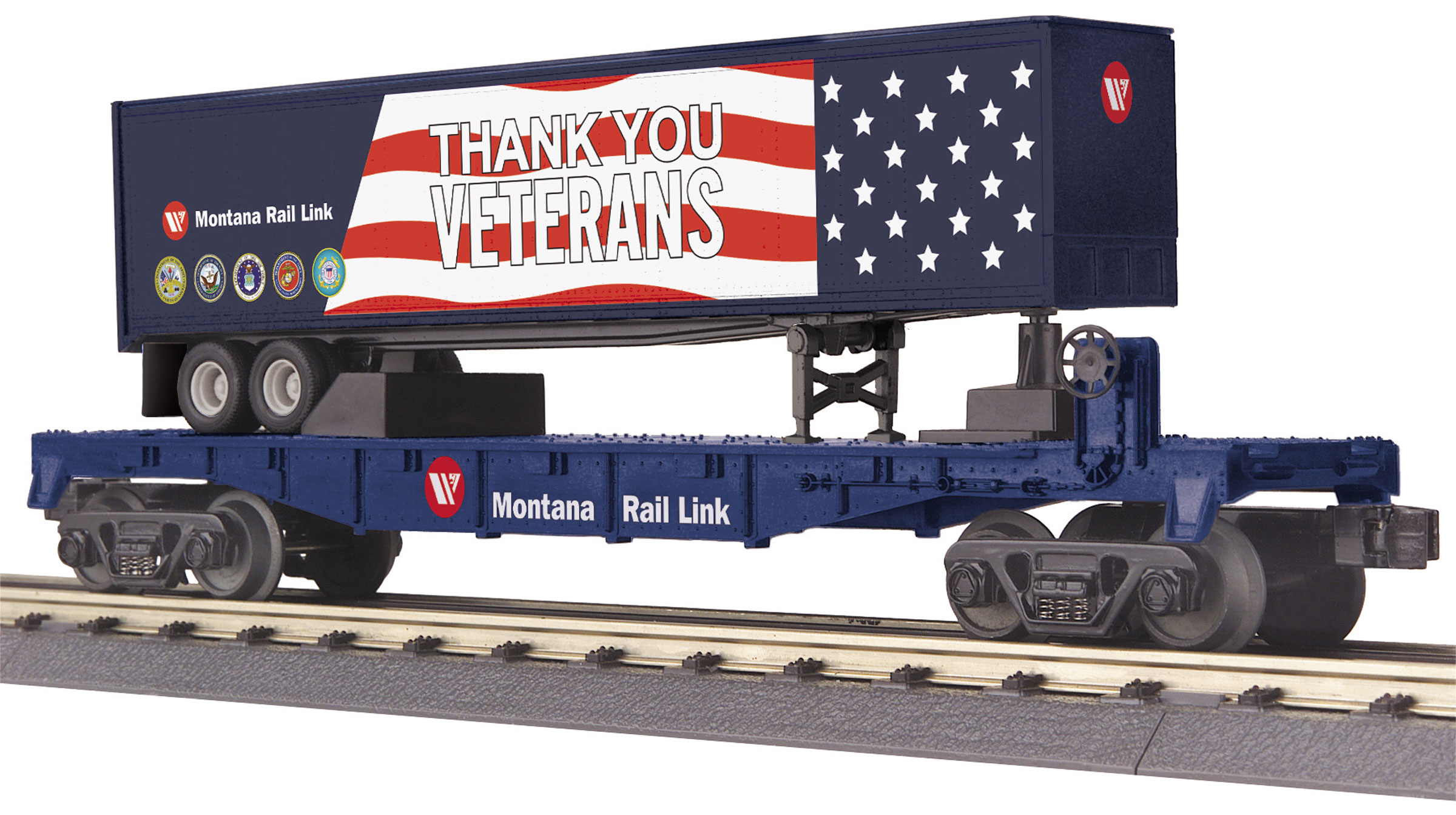 Montana Rail Link flatcar with 40' Veterans trailer