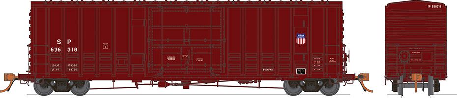 SP (UP shield repaint) PC&F B100 boxcar 6-pack
