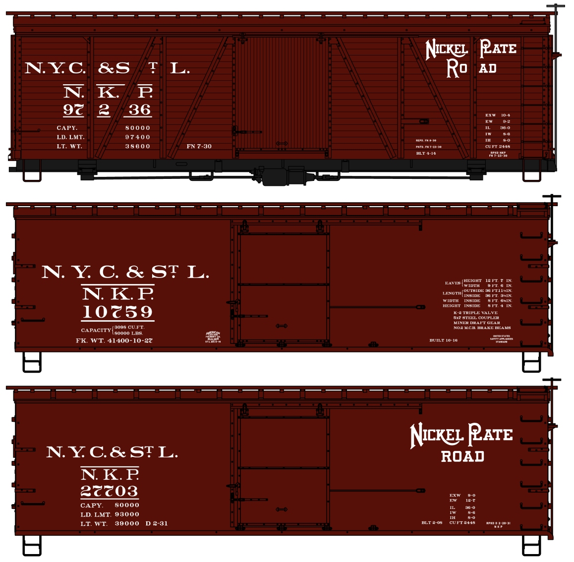 Nickel Plate Road 36' wood boxcar 3-pack