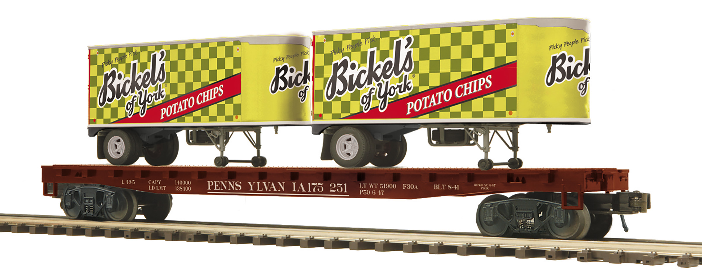Pennsylvania Railroad flatcar with 2 Bickels Potato Chips PUP trailers