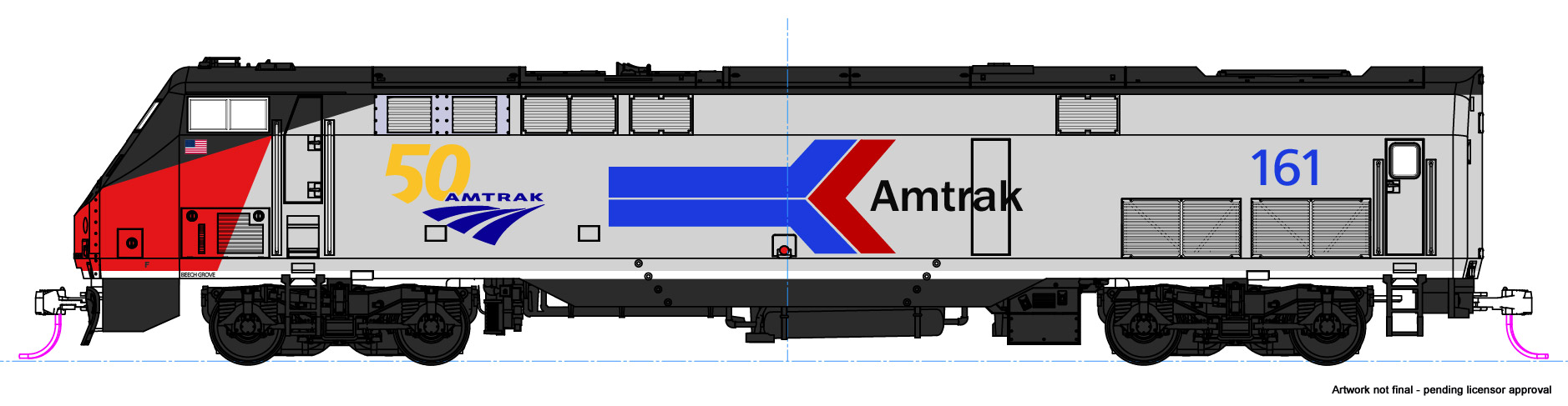 Amtrak phase I GE P42 #161 with 50th anniversary logo
