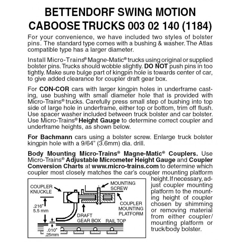 Bettendorf Swing Motion Caboose Trucks Without Couplers One Pair