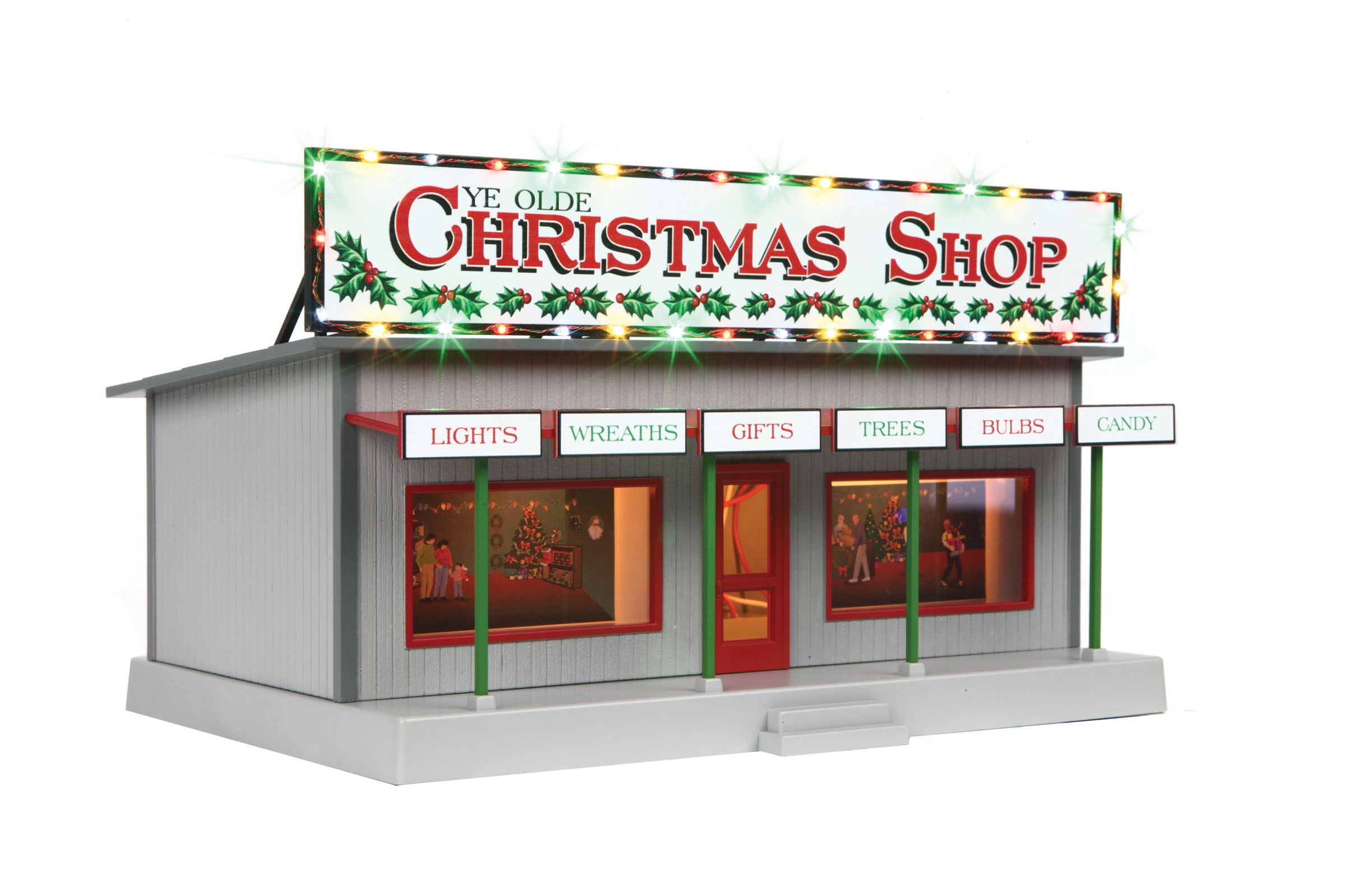 Ye Olde Christmas Shop road side stand with operating Christmas lights