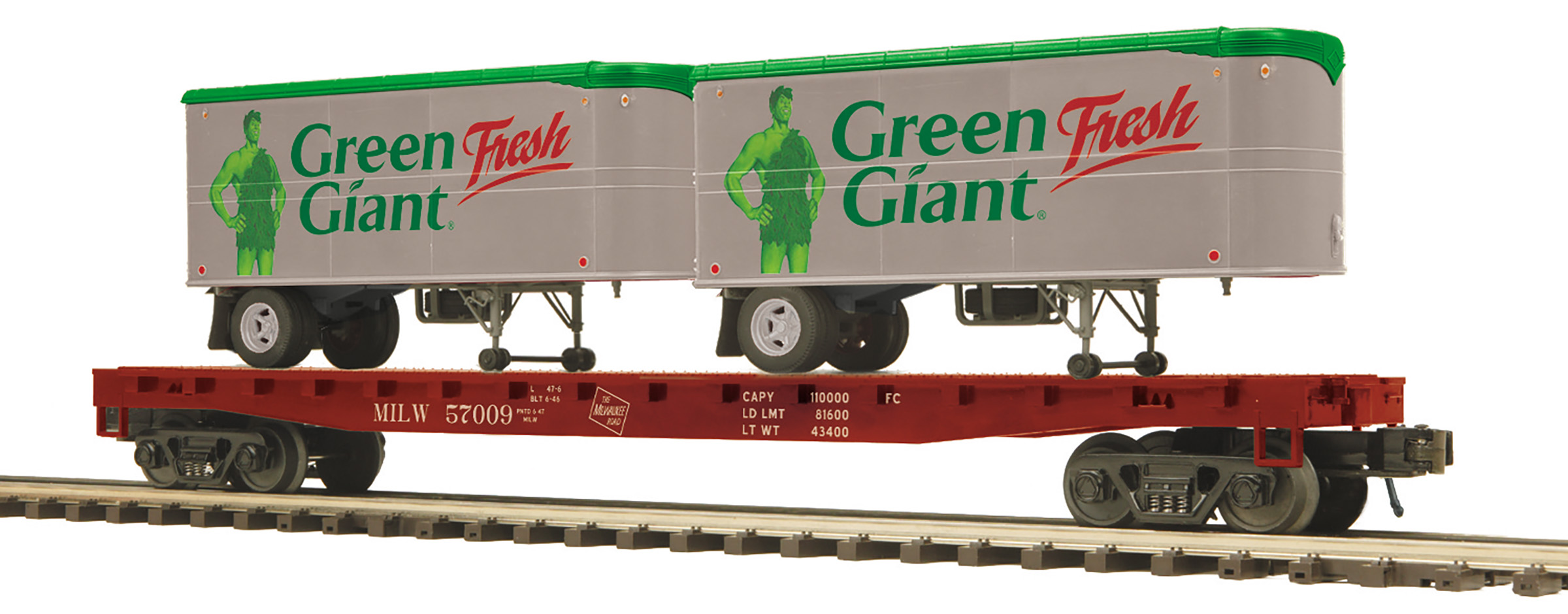 Milwaukee Road flatcar with two Green Giant PUP trailers