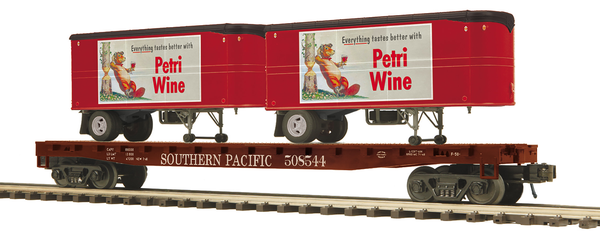Southern Pacific flatcar with two Petri Wine PUP trailers