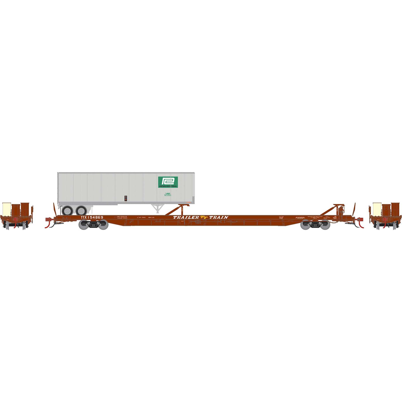 Trailer Train brown 89' F89F TOFC flatcar #154869 w/ 40' PC trailer