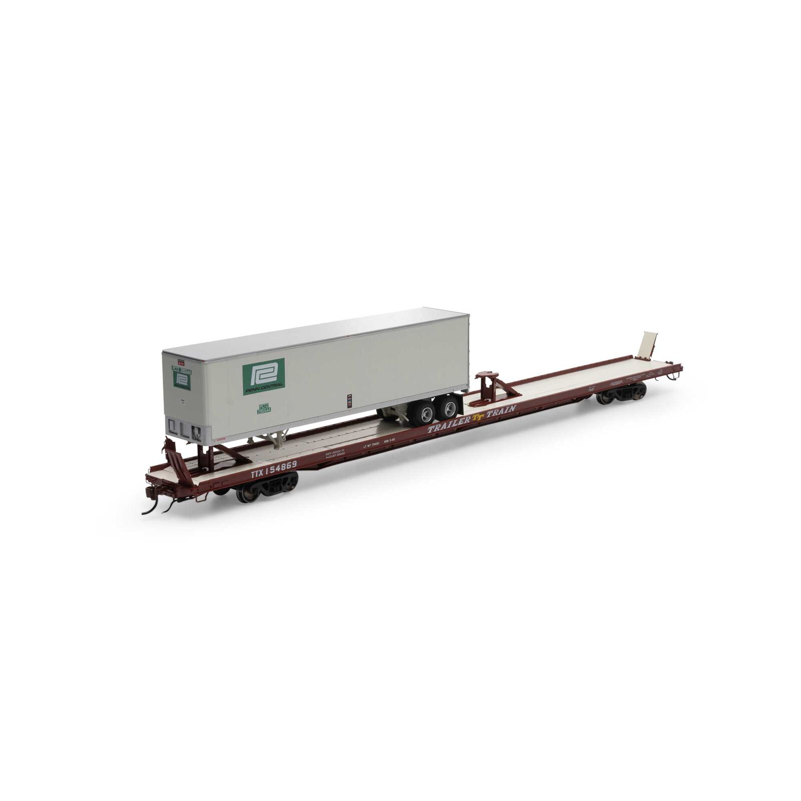 Trailer Train brown 89' F89F TOFC flatcar #154869 w/ 40' PC trailer