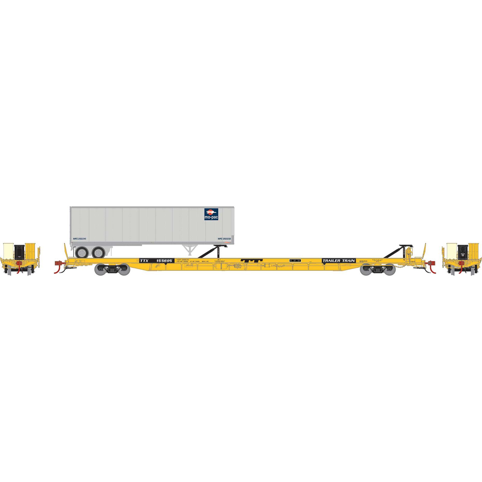 Trailer Train yellow 89' F89F TOFC flatcar #155695 w/40' Mopac trailer