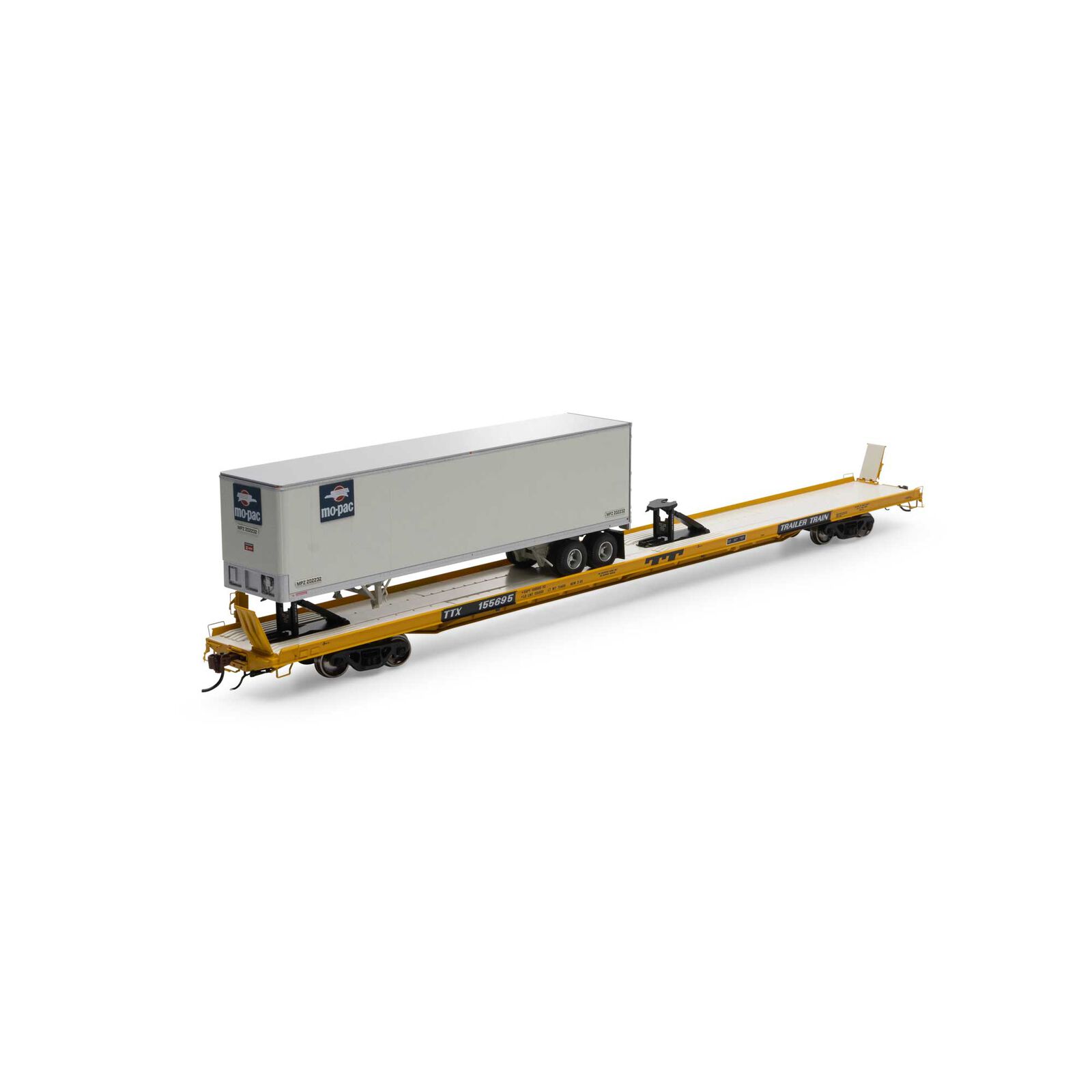 Trailer Train yellow 89' F89F TOFC flatcar #155695 w/40' Mopac trailer