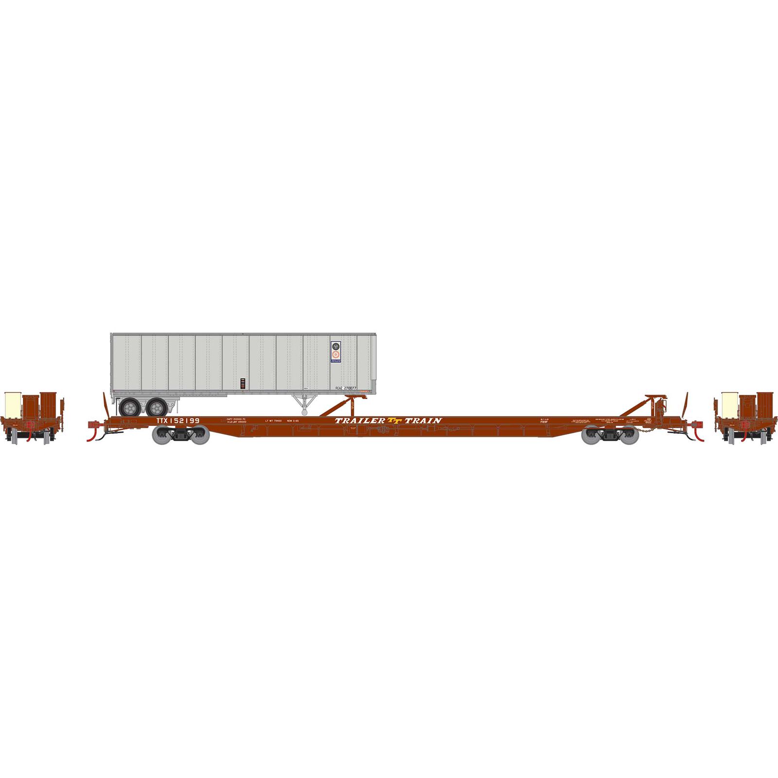 Trailer Train (brown) F89F 89' flatcar #152199 with Realco 40' trailer