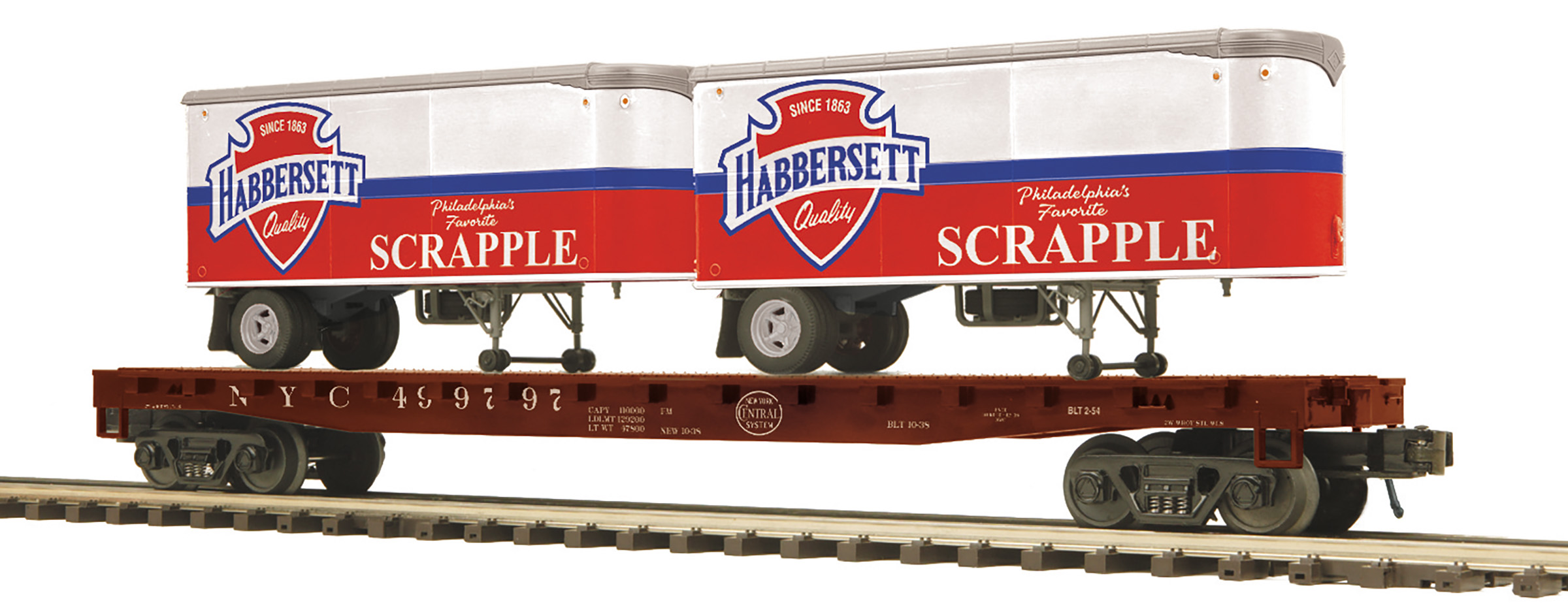 New York Central flatcar with two Habbersett Scrapple PUP trailers