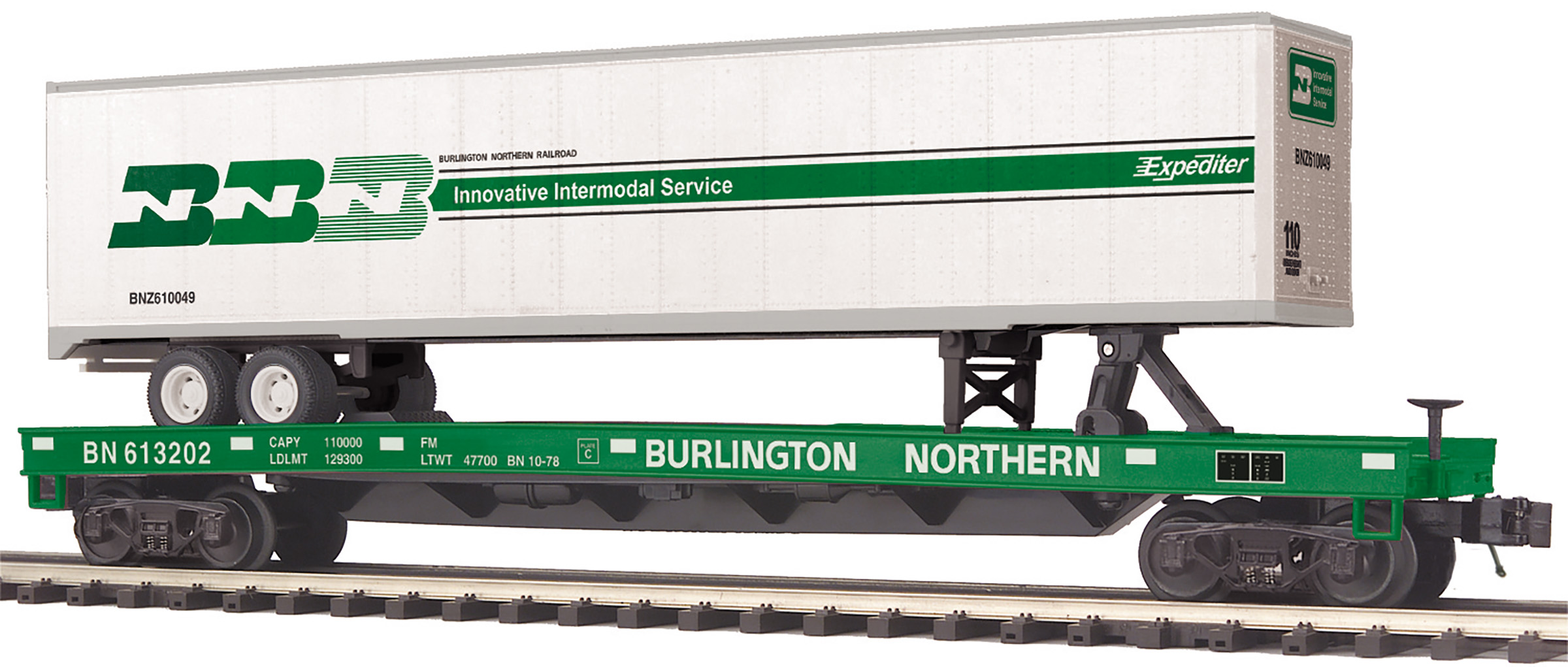 Burlington Northern flatcar with 48' trailer