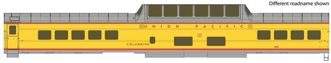 Union Pacific 85' ACF Lighted Dome-Coach #7001 "Columbine" (late)