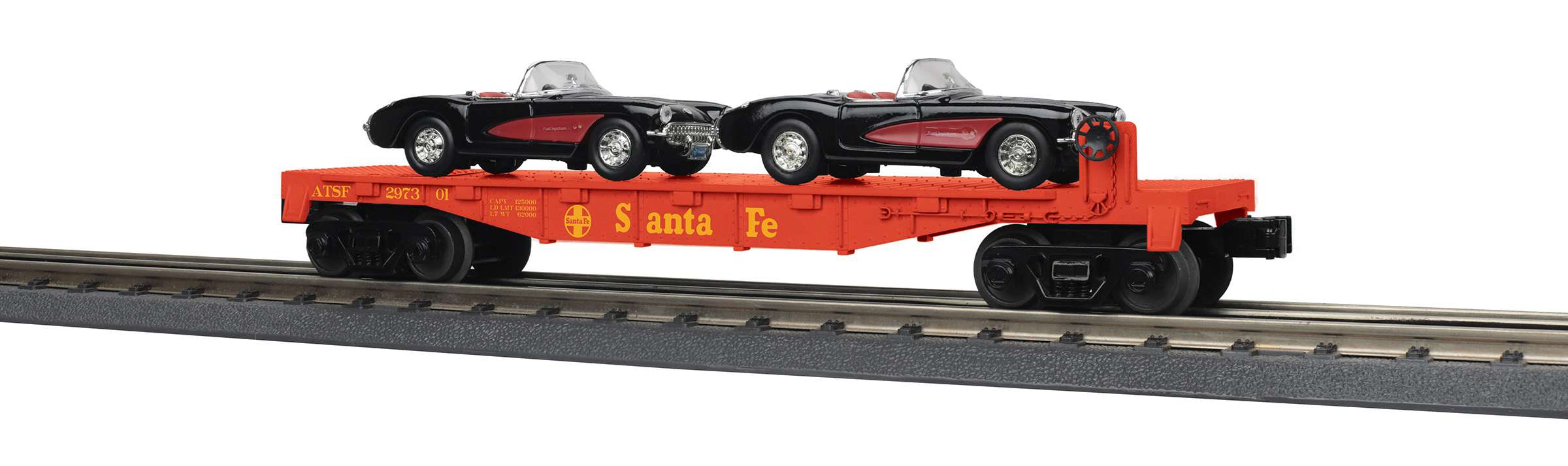 Santa Fe flatcar #297301 with two 1957 Chevy Corvettes