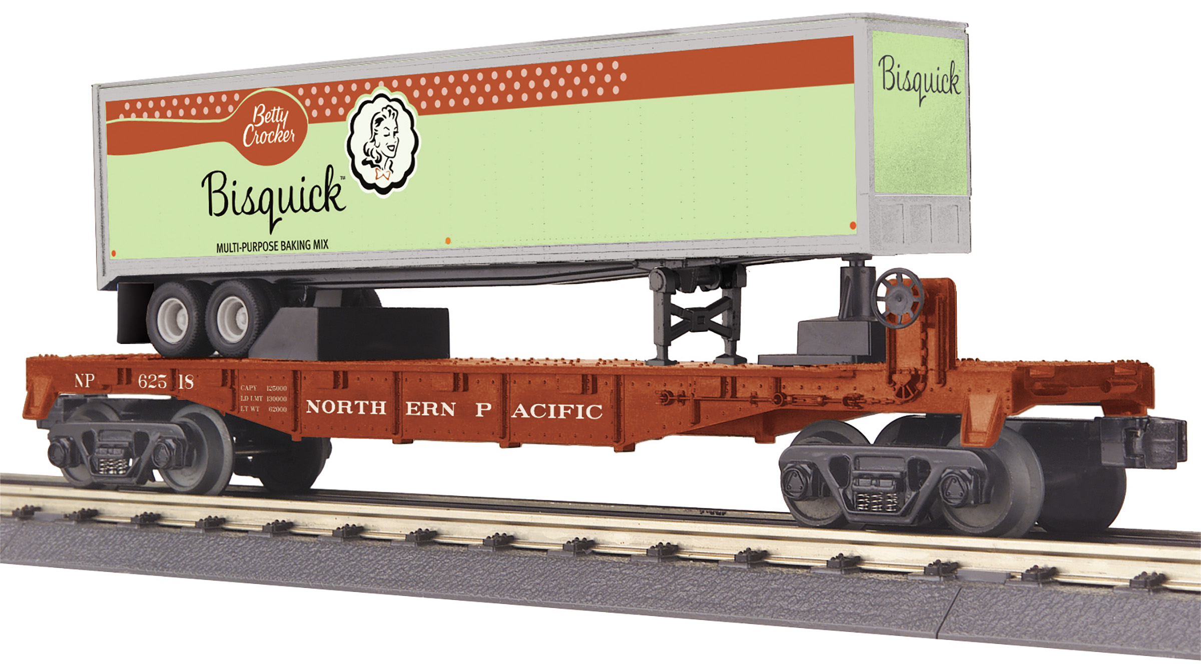 Northern Pacific flatcar #62518 with 40' Bisquick trailer