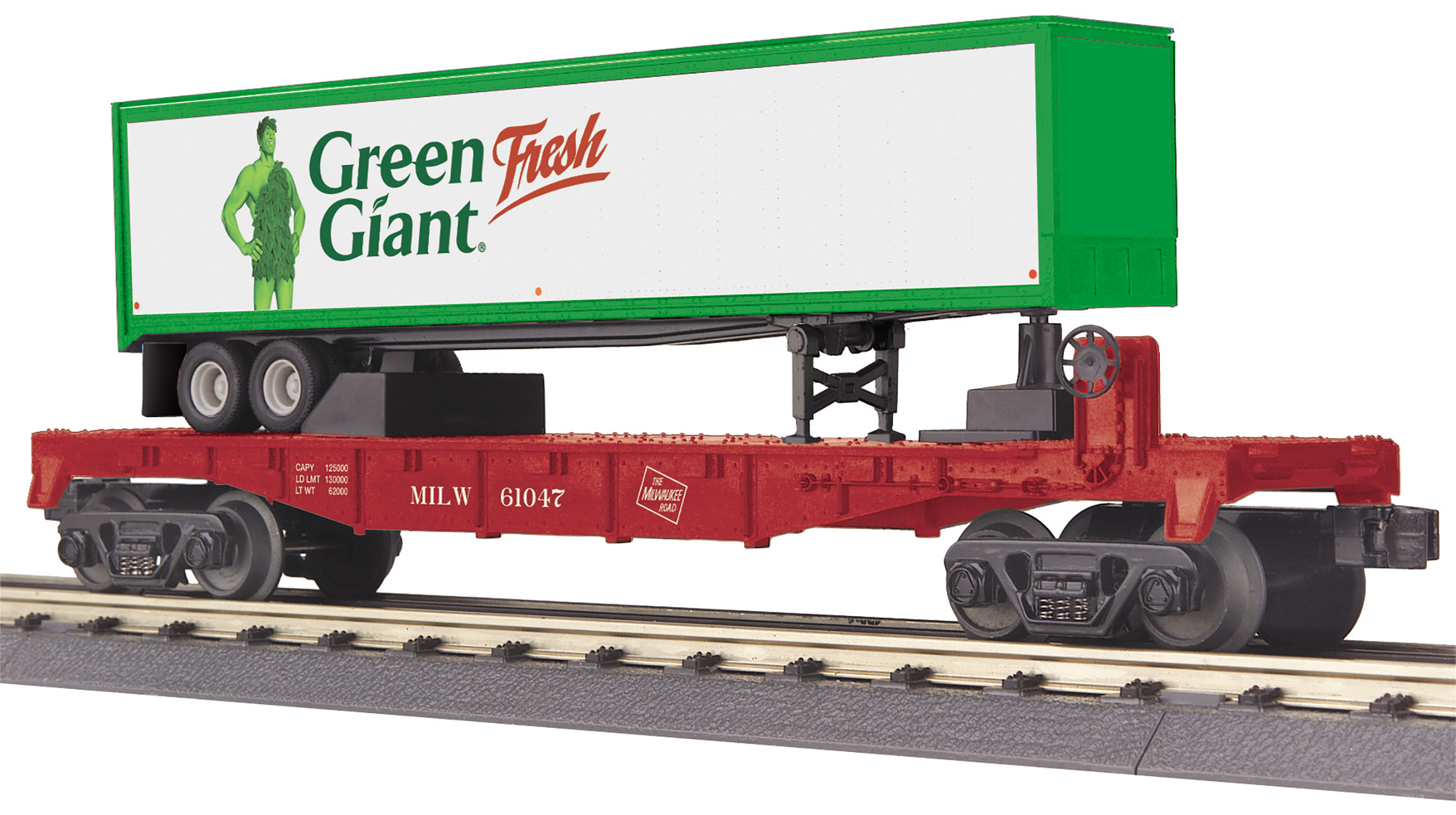 Milwaukee Road flatcar #61047 with 40' Green Giant trailer