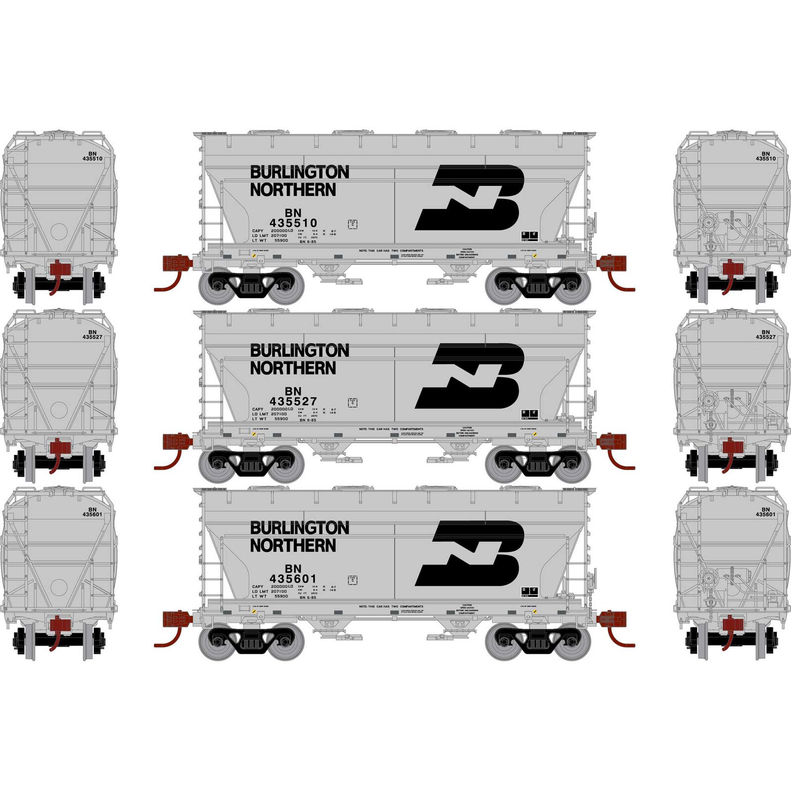 Burlington Northern ACF 2970 2-Bay Center Flow Hopper 3-Pack